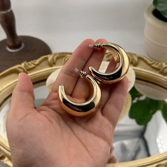 Gold Chunky Crescent Hoop Earrings – Statement Jewelry - Picture 8 of 8